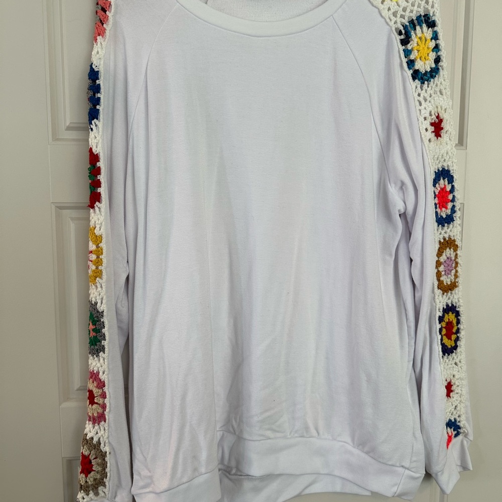 White Sweatshirt with Colorful Crochet Sleeves